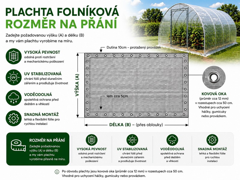 Fóliovníková plachta LD-PE tkaná -  rozměr na přání - lemovaná + oka