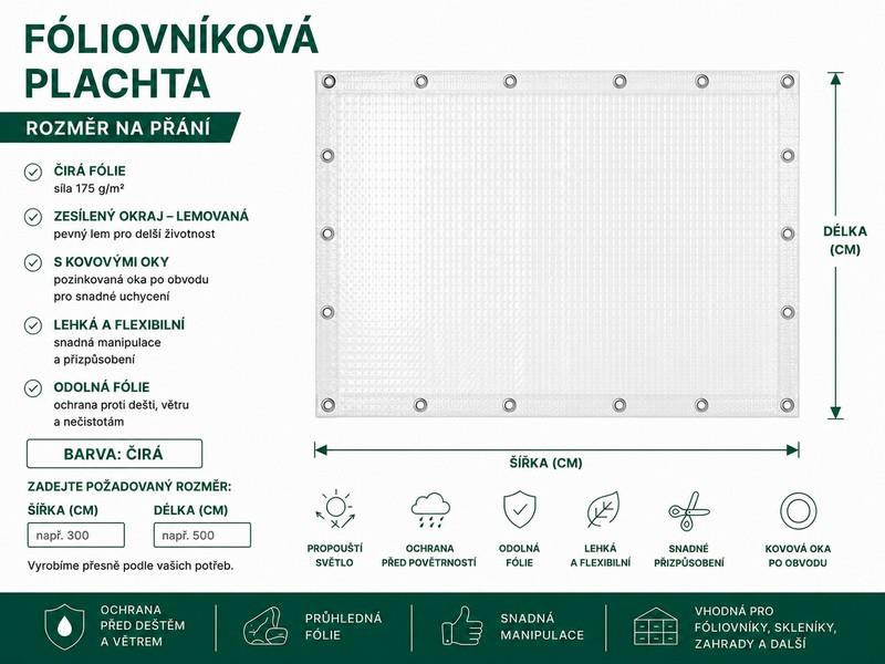 Fóliovníková plachta 175g/m2 čirá -  rozměr na přání - lemovaná + oka